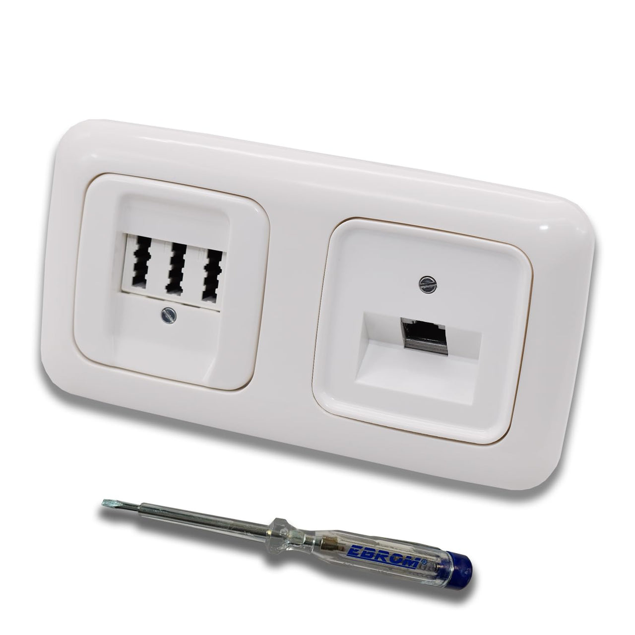 Busch Jäger, Rutenbeck Unterputz Netzwerkdose 10 Gigabit/S (10GbE) KAT6A 6A 1xRJ45 Anschluss + EBROM Telefon TAE 3x6 NFN Dose im BJ ReflexSi alpinweiß Design + EBROM Phasenprüfer z. Montage d. Geräte