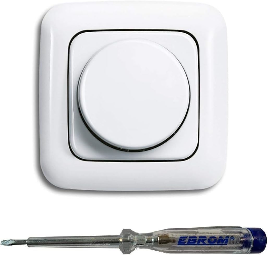 Busch Jäger 6523U-102 LED-Drehdimmer LED-Dimmer mit Dimmerscheibe Zentralplatte 2115-214 und Einfachrahmen in Reflex Si alpinweiß glänzend inklusive EBROM Phasenprüfer zur Montage des Dimmers