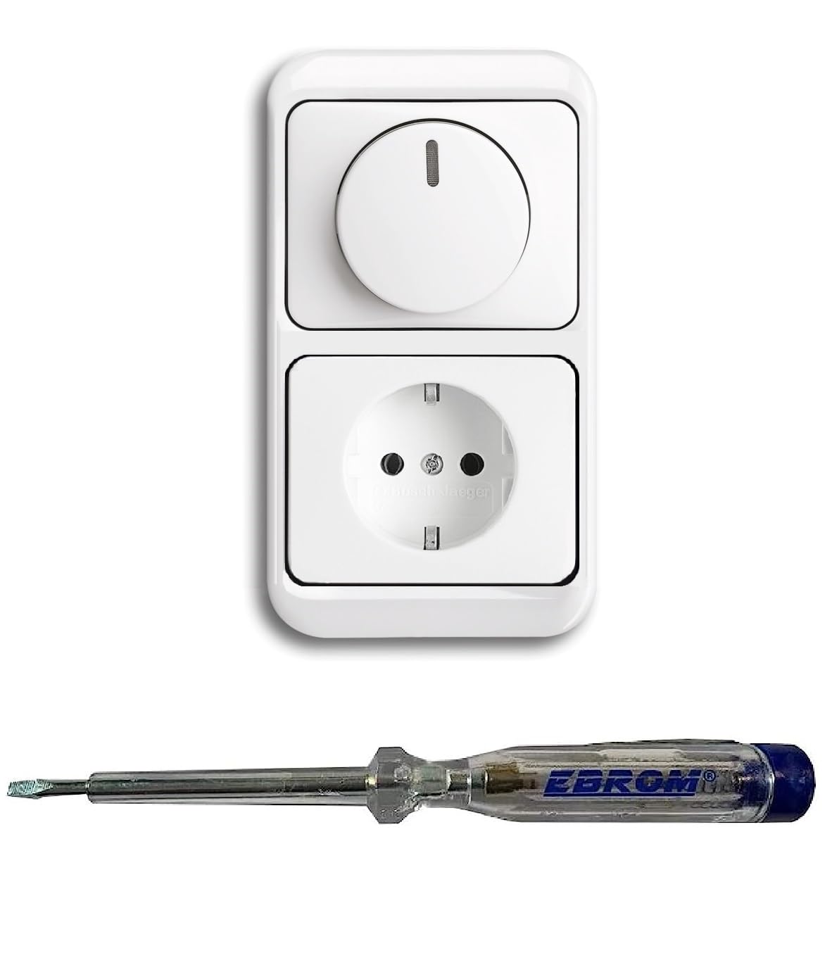 Busch Jäger 6523U-102 LED Drehdimmer Dimmer + Dimmerscheibe 6540-24G und Steckdose 20EUC-24G in alpha studioweiß inklusive EBROM Phasenprüfer zur Montage der Geräte (6523 U – 102)