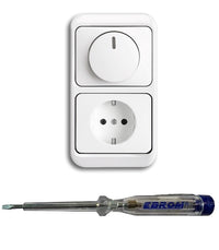 Busch Jäger 6523U-102 LED Drehdimmer Dimmer + Dimmerscheibe 6540-24G und Steckdose 20EUC-24G in alpha studioweiß inklusive EBROM Phasenprüfer zur Montage der Geräte (6523 U – 102)