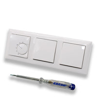 Halmburger UP Raumthermostat Raumtemperaturregler RTR-5510rg in Busch Jäger Balance SI alpinweiß Rahmen 1723-914 + 2 x Lichtschalter 2000/6 US + EBROM Phasenprüfer zur Montage der Geräte RTR-5510 (rg)