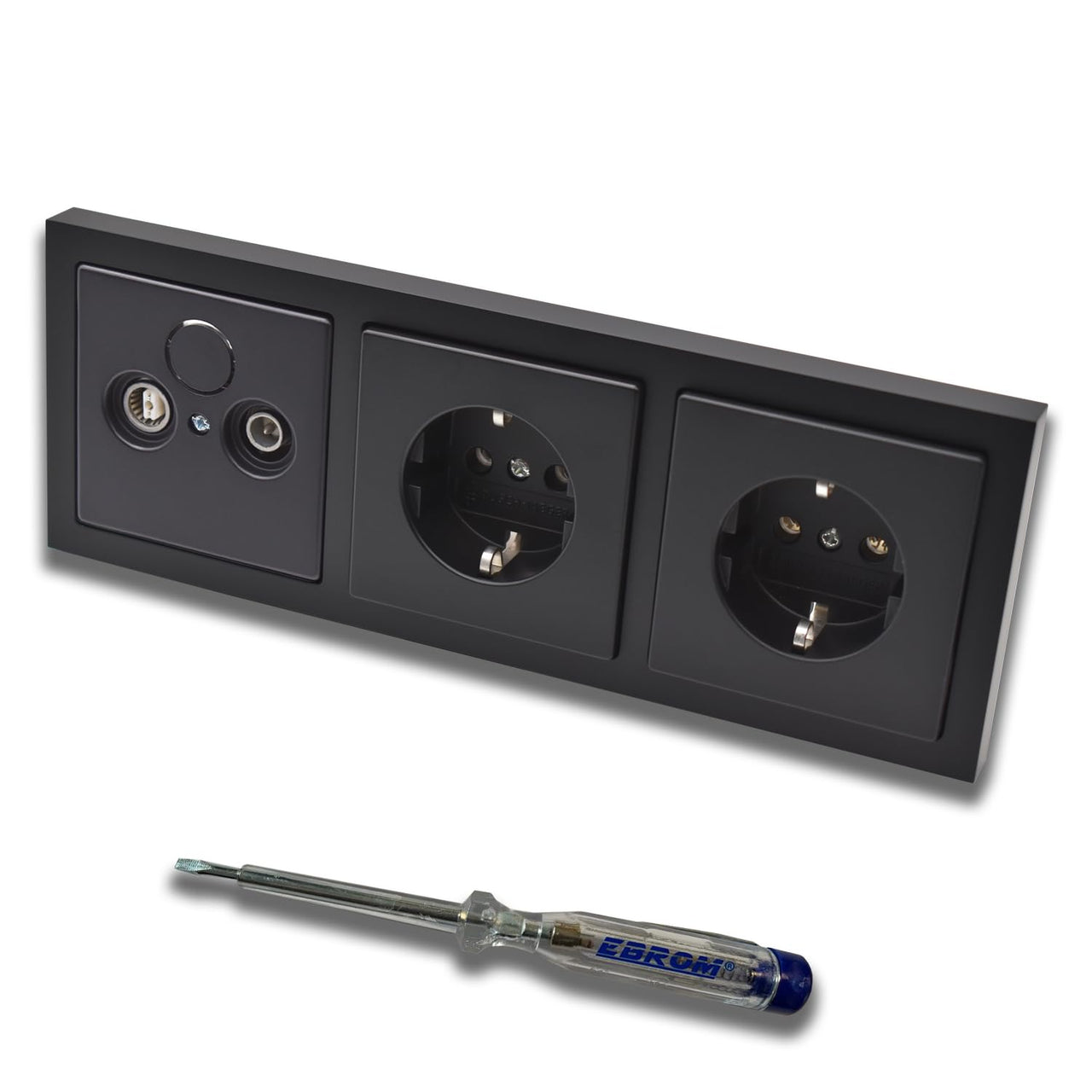 Busch Jäger SET: 2-Loch Durchgangsdose, Frequenz 5-2400 MHz, Radio/TV/SAT-Kompatibilität inkl. Future Linear Schwarz MATT Rahmen + 2x Steckdose 20EUC-885 + EBROM Phasenprüfer zur Montage d. Geräte