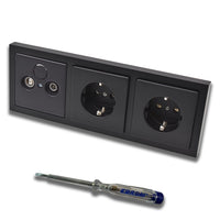 Busch Jäger SET: 2-Loch Durchgangsdose, Frequenz 5-2400 MHz, Radio/TV/SAT-Kompatibilität inkl. Future Linear Schwarz MATT Rahmen + 2x Steckdose 20EUC-885 + EBROM Phasenprüfer zur Montage d. Geräte