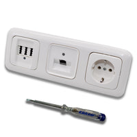 Busch Jäger, Rutenbeck Unterputz Netzwerkdose 10 Gigabit/S 10GbE KAT6A 6A 1x RJ45 Anschluss + EBROM Telefon TAE 3x6 NFN + Steckdose ReflexSi alpinweiß Design + EBROM Phasenprüfer z. Montage d. Geräte