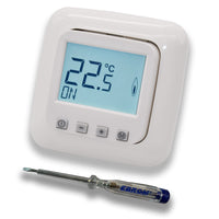 Halmburger Digitales Raumthermostat Raumtemperaturregler ERD-1U rg DIGITAL in Busch Jäger Reflex SI alpinweiß, 1-Fach Rahmen + EBROM Phasenprüfer zur Montage des Geräts ERD-1U (rg) Fußbodenheizung