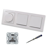 GIRA 245500 LED Drehdimmer Dimmer + Dimmerscheibe Zentralscheibe 065003 und 2 x Lichtschalter 010600 in Gira E2 reinweiß glänzend inklusive EBROM Phasenprüfer zur Montage der Geräte