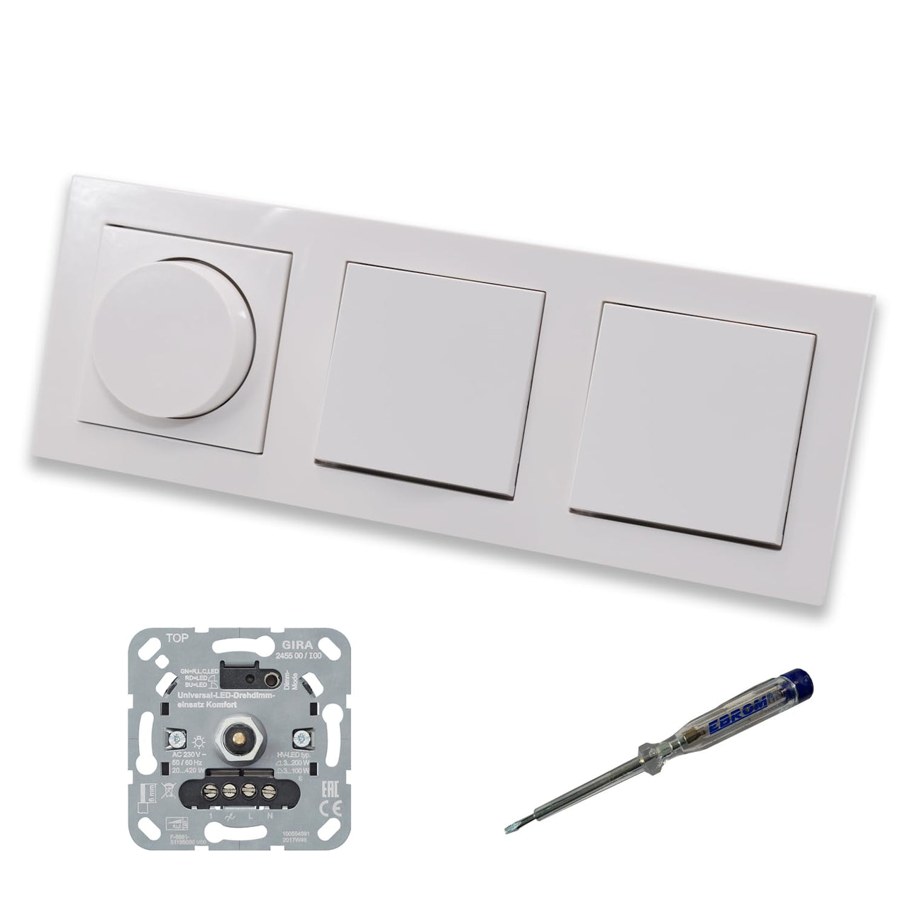 GIRA 245500 LED Drehdimmer Dimmer + Dimmerscheibe Zentralscheibe 065003 und 2 x Kreuzschalter 010700 in Gira E2 reinweiß glänzend inklusive EBROM Phasenprüfer zur Montage der Geräte