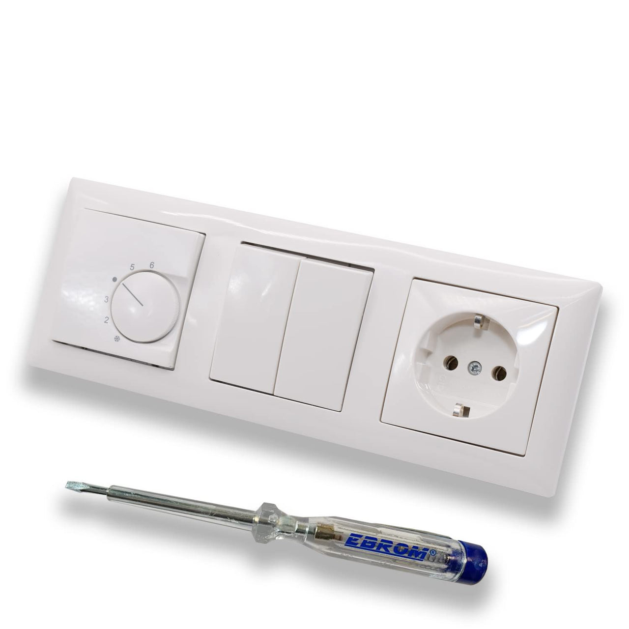 Halmburger UP Raumthermostat Raumtemperaturregler RTR-5510rg in Busch Jäger Balance SI alpinweiß Rahmen + Serienschalter 2000/5 US + Steckdose + EBROM Phasenprüfer zur Montage der Geräte RTR-5510 (rg)