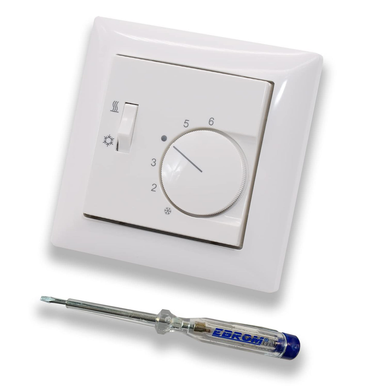 Halmburger Raumthermostat Raumtemperaturregler RTR-5523rg mit Umschalter Heizen oder Kühlen in Busch Jäger Balance SI alpinweiß im Rahmen + EBROM Phasenprüfer zur Montage des Geräts RTR-5523 (rg)