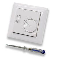 Halmburger Raumthermostat Raumtemperaturregler RTR-5523rg mit Umschalter Heizen oder Kühlen in Busch Jäger Balance SI alpinweiß im Rahmen + EBROM Phasenprüfer zur Montage des Geräts RTR-5523 (rg)
