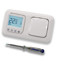 Halmburger Raumthermostat Raumtemperaturregler ERD-1Urg DIGITAL in Busch Jäger Reflex SI alpinweiß mit Lichtschalter 2000/6 US + EBROM Phasenprüfer zur Montage der Geräte ERD-1U (rg) Fußbodenheizung