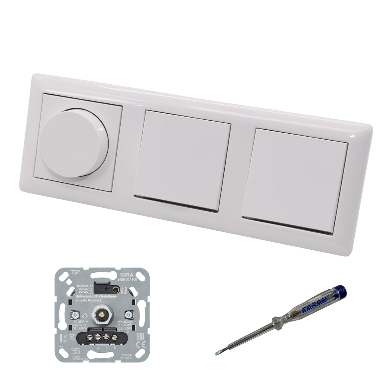GIRA 245500 LED Drehdimmer Dimmer + Dimmerscheibe Zentralscheibe 065003 und 2 x Lichtschalter 010600 in System55 reinweiß glänzend inklusive EBROM Phasenprüfer zur Montage der Geräte