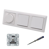 GIRA 245500 LED Drehdimmer Dimmer + Dimmerscheibe Zentralscheibe 065003 und 2 x Lichtschalter 010600 in System55 reinweiß glänzend inklusive EBROM Phasenprüfer zur Montage der Geräte