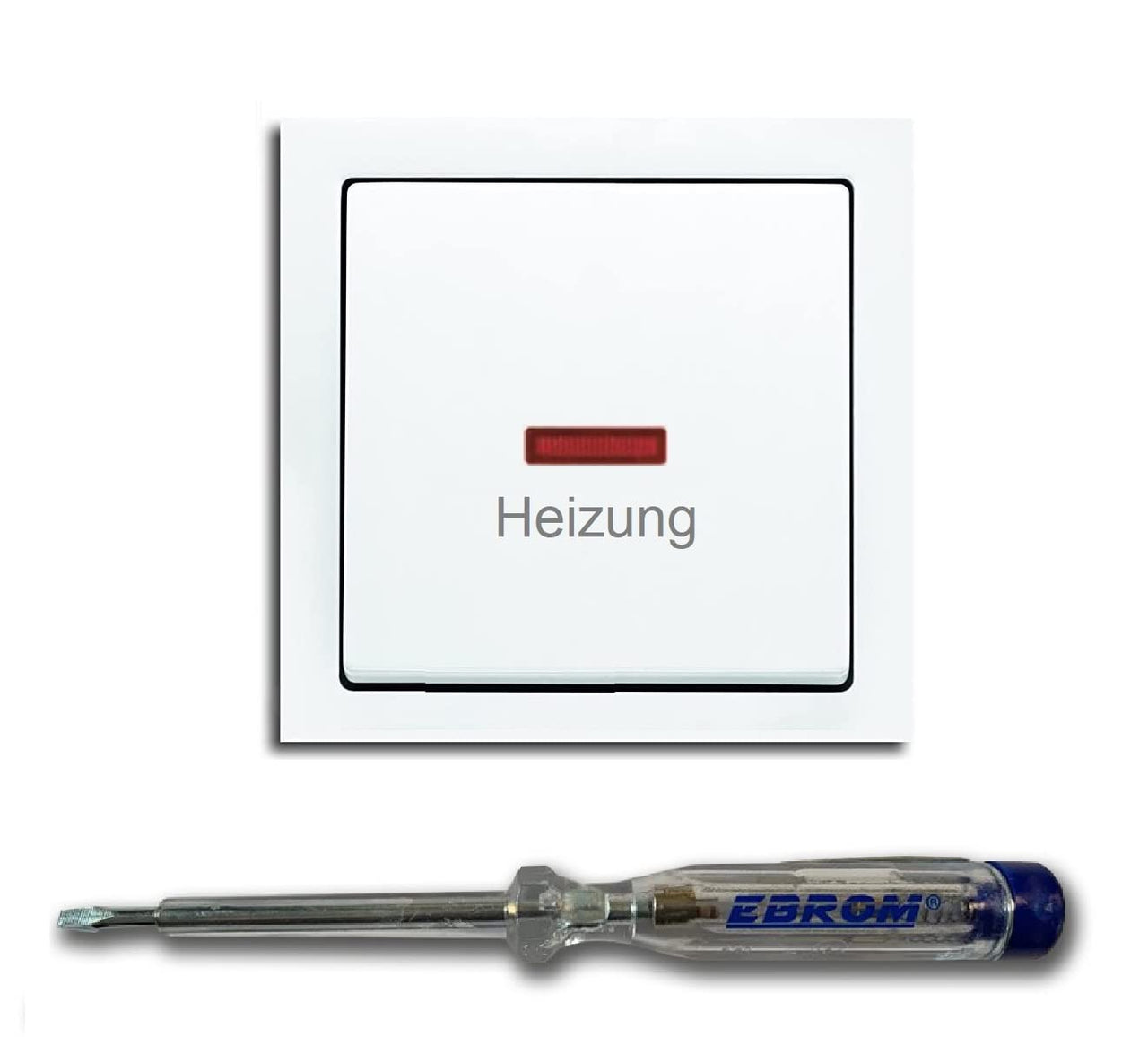 BUSCH JÄGER Heizung Notschalter 2-polig Heizungnotschalter Schriftzug: Heizung, Wippkontrollschalter Beleuchtung, rote Kalotte, Future Linear Studioweiß, Notschalter inkl EBROM Phasenprüfer z. Montage
