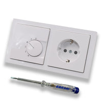 Halmburger UP Raumthermostat RTR-6210sg in Busch Jäger Future Linear Studioweiß 2f Rahmen + Steckdose mit erhöhtem Berührungsschutz 20EUCKS-84 + EBROM Phasenprüfer zur Montage der Geräte RTR-6210 (sg)