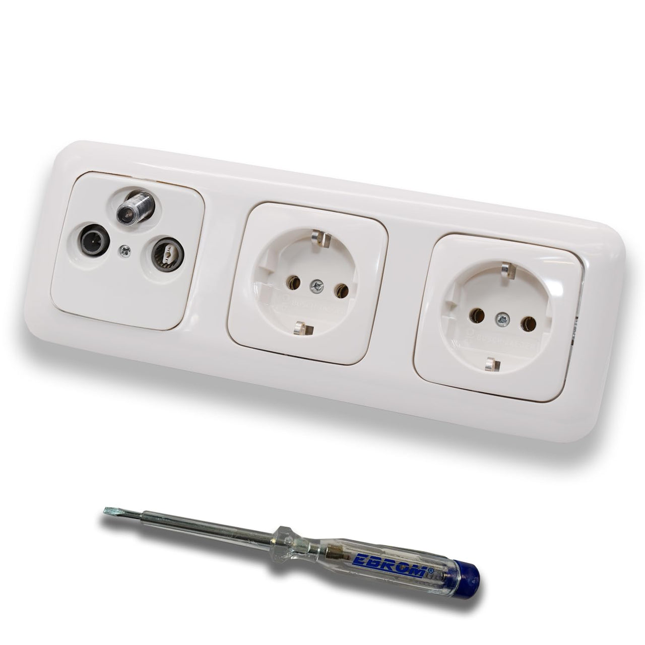 Busch Jäger SET: Unterputz 3-Loch Dose 47-2150 MHz, Enddose Stichdose, Radio/TV/SAT-Kompatibilität + ReflexSi alpinweiß 3fach Rahmen + 2x Steckdose 20EUC-214 + EBROM Phasenprüfer zur Montage d. Geräte