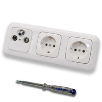 Busch Jäger SET: Unterputz 3-Loch Dose 47-2150 MHz, Enddose Stichdose, Radio/TV/SAT-Kompatibilität + ReflexSi alpinweiß 3fach Rahmen + 2x Steckdose 20EUC-214 + EBROM Phasenprüfer zur Montage d. Geräte