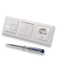Halmburger UP Raumthermostat Raumtemperaturregler RTR-5510rg in Busch Jäger Balance SI alpinweiß + Serienschalter 2000/5 US + Steckdose mit Kinderschutz + EBROM Phasenprüfer zur Montage der Geräte