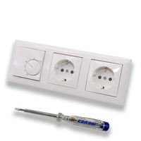 Halmburger UP Raumthermostat Raumtemperaturregler RTR-5510rg in Busch Jäger Balance SI alpinweiß Rahmen + 2X Steckdose 20EUC-914 Kinderschutz + EBROM Phasenprüfer zur Montage der Geräte RTR-5510 (rg)