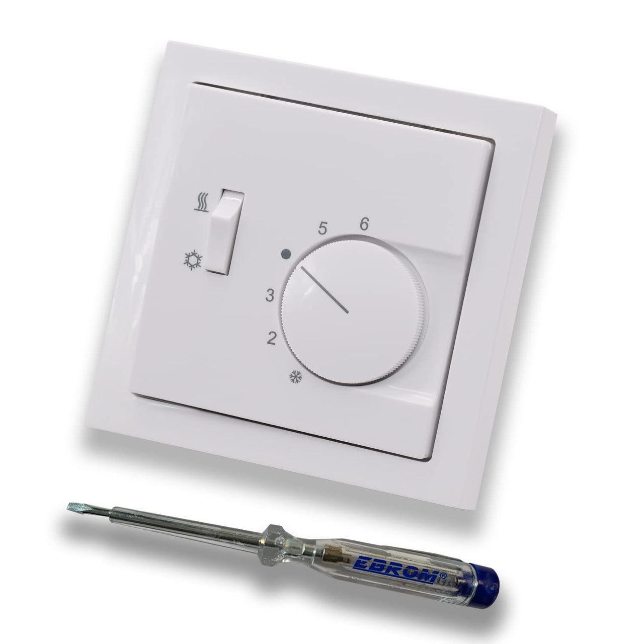 Halmburger Raumthermostat Raumtemperaturregler RTR-6223sg mit Umschalter Heizen/Kühlen, Busch Jäger Future Linear Studioweiß glänzend Rahmen + EBROM Phasenprüfer zur Montage des Geräts RTR-6223 (sg)