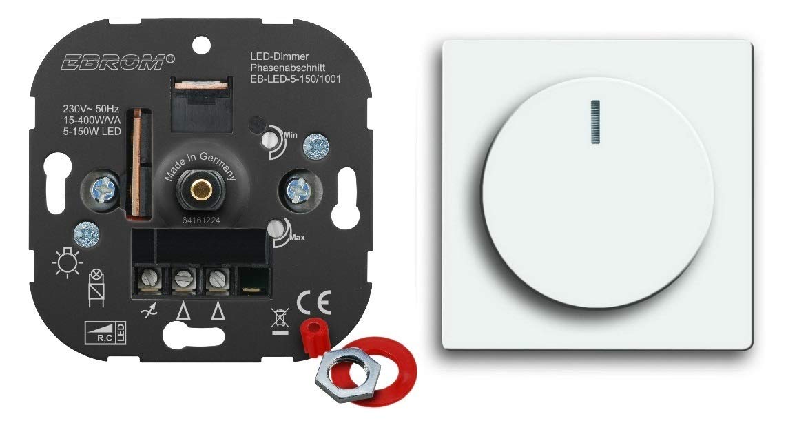 5 Jahre Garantie! EBROM® Unterputz LED Dimmer Drehdimmer + Busch Jäger Dimmerabdeckung 6540-84-102 Studioweiß glänzend Future Linear, Phasenabschnitt für LED 5-150 Watt + dimmbare Halogen 15-400 W/VA