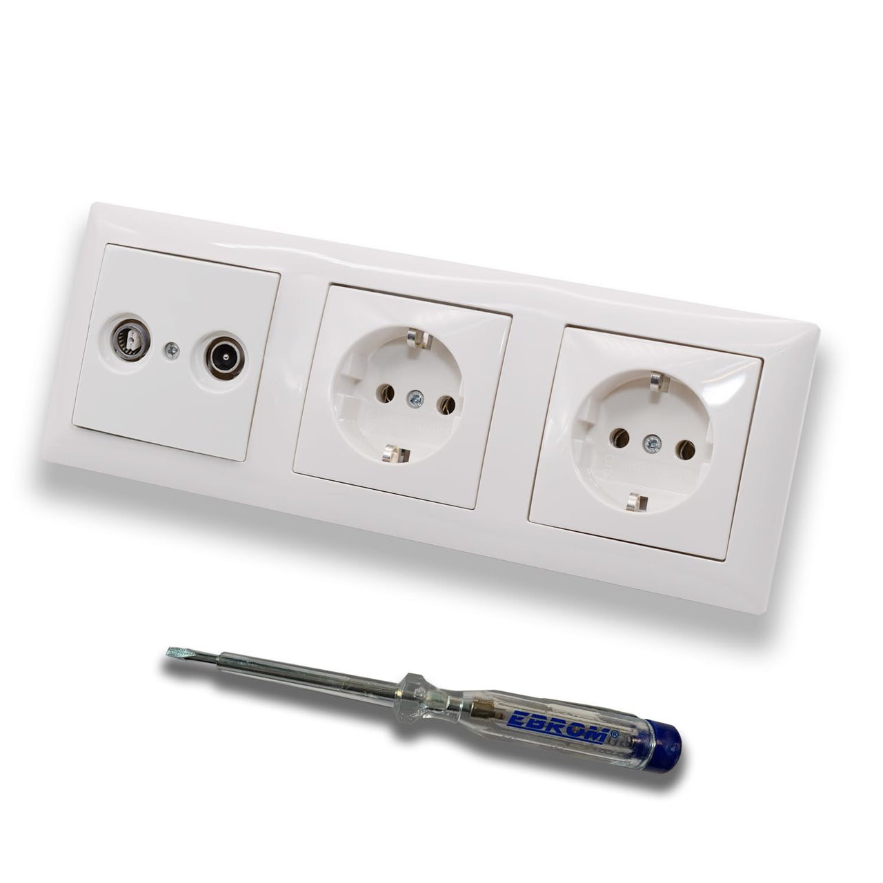 Busch Jäger SET: 2-Loch Durchgangsdose, Frequenz 5-2400 MHz, Radio/TV/SAT-Kompatibilität inkl. BalanceSi alpinweiß 3fach Rahmen + 2 x Steckdose 20EUC-914 + EBROM Phasenprüfer zur Montage der Geräte
