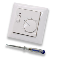 Halmburger Raumthermostat Raumtemperaturregler RTR-5513rg mit Schalter AN/AUS in Busch Jäger Balance SI alpinweiß im Rahmen + EBROM Phasenprüfer zur Montage des Geräts RTR-5513 (rg) Fußbodenheizung