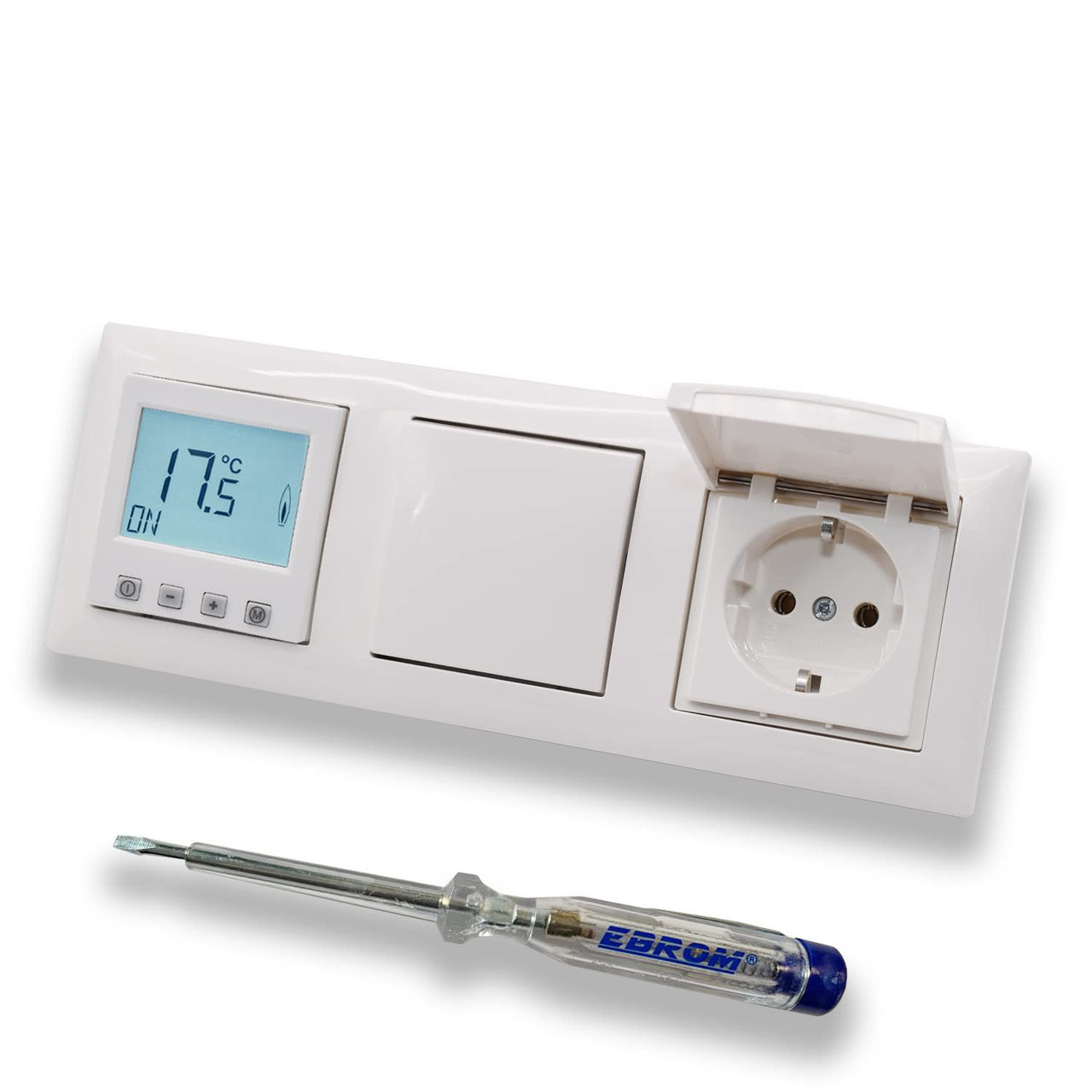 Halmburger Raumthermostat Raumtemperaturregler ERD-55rg DIGITAL in Busch Jäger Balance Si alpinweiß Lichtschalter Klappsteckdose + EBROM Phasenprüfer zur Montage der Geräte ERD-55 (rg) Fußbodenheizung