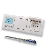 Halmburger Raumthermostat Raumtemperaturregler ERD-55rg DIGITAL in Busch Jäger Balance Si alpinweiß Lichtschalter Klappsteckdose + EBROM Phasenprüfer zur Montage der Geräte ERD-55 (rg) Fußbodenheizung