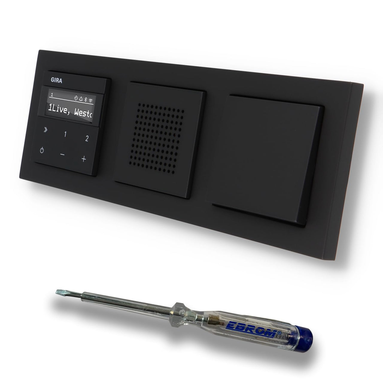 Gira Unterputz IP Internetradio 232003 + Bluetooth KomplettSet + Lautsprecher + Tastschalter (Taster) E2 schwarz matt im 3fach Rahmen Gira 021309 inkl. EBROM Phasenprüfer zur Montage der Geräte