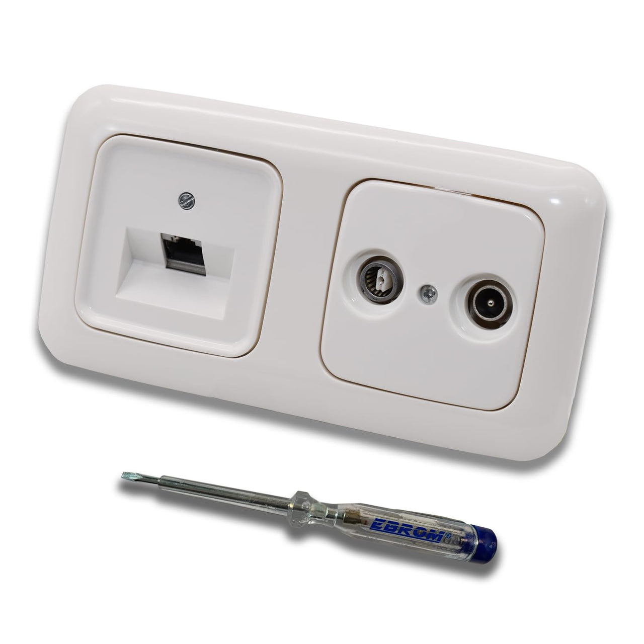 Busch Jäger, Rutenbeck Unterputz Netzwerkdose 10 Gigabit/S (10GbE) KAT6A 6A 1 x RJ45 Anschluss + WISI 2-Loch Durchgangsdose im BJ ReflexSi alpinweiß Design + EBROM Phasenprüfer z. Montage d. Geräte