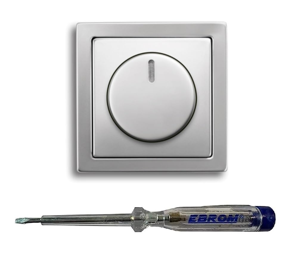 Busch Jäger 6523U-102 LED-Drehdimmer LED-Dimmer mit Dimmerscheibe Zentralplatte 6540-866-102 und Einfachrahmen in PUR Edelstahl inklusive EBROM Phasenprüfer zur Montage des Dimmers