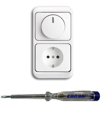 Busch Jäger 6523U-102 LED Drehdimmer Dimmer + Dimmerscheibe 6540-24G und Steckdose mit Kinderschutz 20EUCKS-24G in alpha studioweiß inklusive EBROM Phasenprüfer zur Montage der Geräte (6523 U – 102)