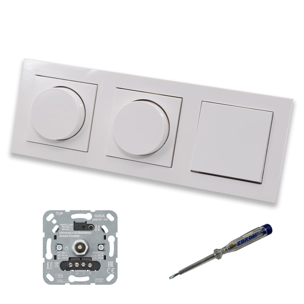 GIRA 245500 (2 x) LED Drehdimmer Dimmer + Dimmerscheiben Zentralscheiben 065003 und Lichtschalter 010600 in Gira E2 reinweiß glänzend inklusive EBROM Phasenprüfer zur Montage der Geräte