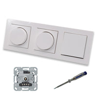 GIRA 245500 (2 x) LED Drehdimmer Dimmer + Dimmerscheiben Zentralscheiben 065003 und Kreuzschalter 010700 in Gira E2 reinweiß glänzend inklusive EBROM Phasenprüfer zur Montage der Geräte