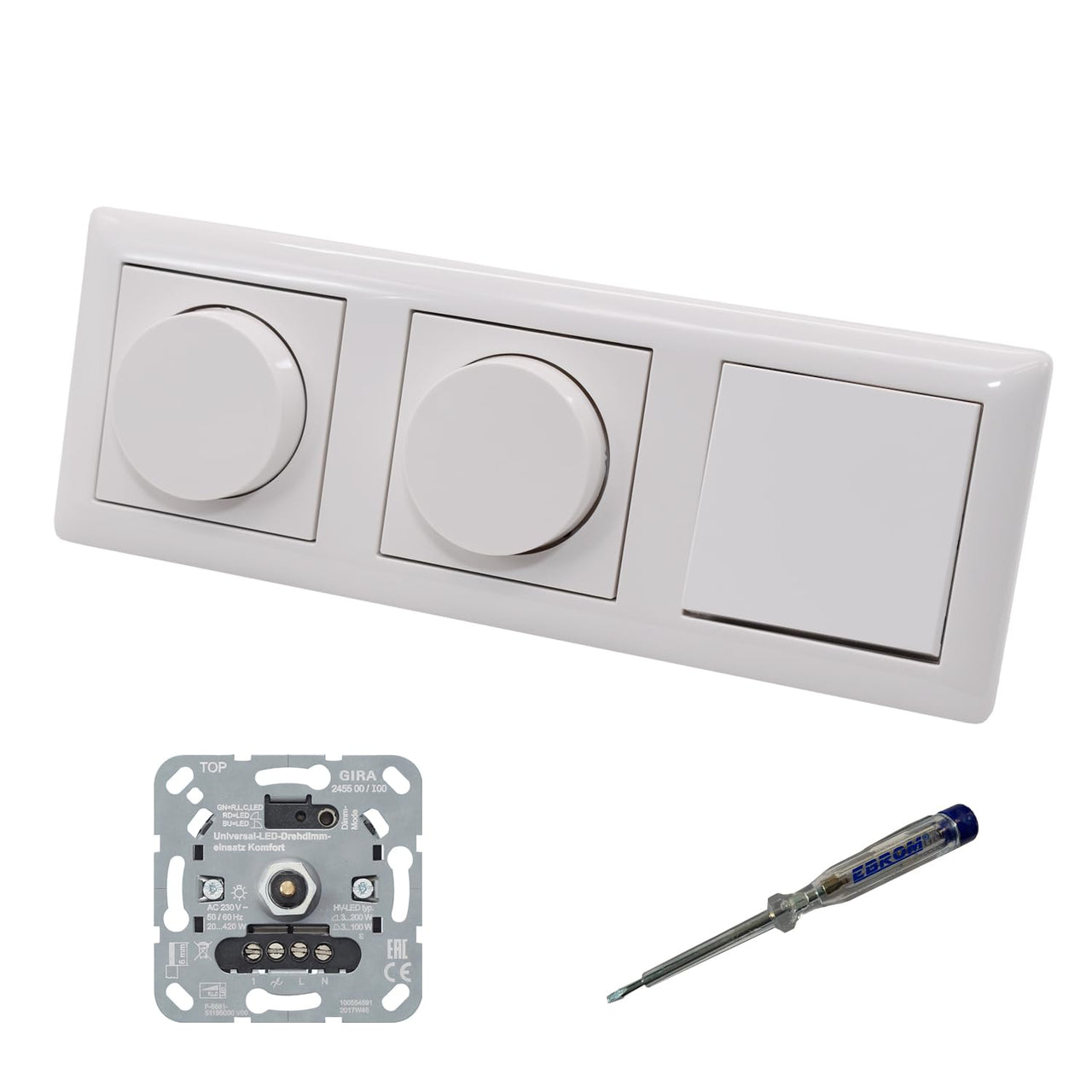 GIRA 245500 (2 x) LED Drehdimmer Dimmer + Dimmerscheiben Zentralscheiben 065003 und Lichttaster 015100 in System55 reinweiß glänzend inklusive EBROM Phasenprüfer zur Montage der Geräte