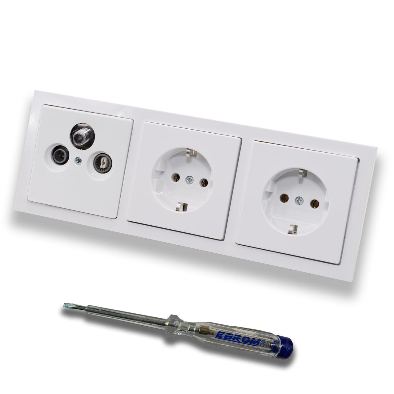 Busch Jäger SET:Unterputz 3Loch Dose 47-2150 MHz, Enddose Stichdose, Radio/TV/SAT-Kompatibilität + Future Linear Studioweiß 3f-Rahmen + 2x Steckdose 20EUC-84 + EBROM Phasenprüfer zur Montage d. Geräte