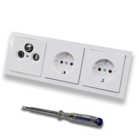 Busch Jäger SET:Unterputz 3Loch Dose 47-2150 MHz, Enddose Stichdose, Radio/TV/SAT-Kompatibilität + Future Linear Studioweiß 3f-Rahmen + 2x Steckdose 20EUC-84 + EBROM Phasenprüfer zur Montage d. Geräte