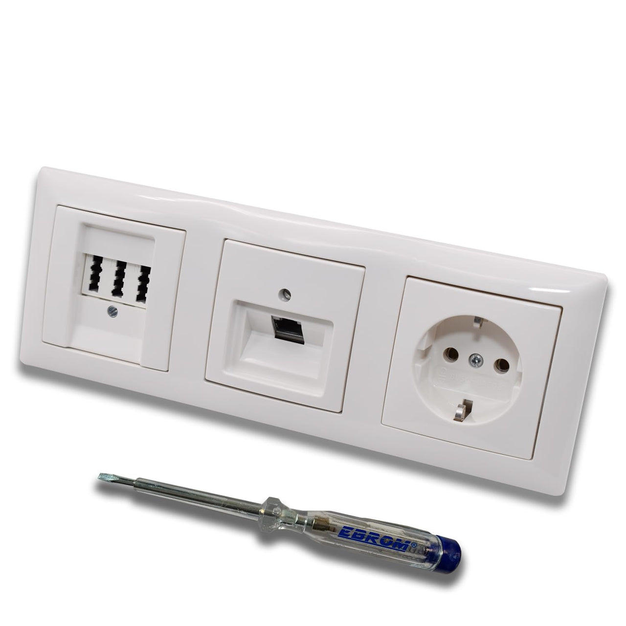 Busch Jäger, Rutenbeck Unterputz Netzwerkdose 10 Gigabit/S 10GbE KAT6A 6A 1xRJ45 Anschluss + EBROM Telefon TAE 3x6 NFN + Steckdose BalanceSi alpinweiß Design + EBROM Phasenprüfer z. Montage d. Geräte