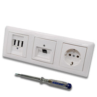 Busch Jäger, Rutenbeck Unterputz Netzwerkdose 10 Gigabit/S 10GbE KAT6A 6A 1xRJ45 Anschluss + EBROM Telefon TAE 3x6 NFN + Steckdose BalanceSi alpinweiß Design + EBROM Phasenprüfer z. Montage d. Geräte