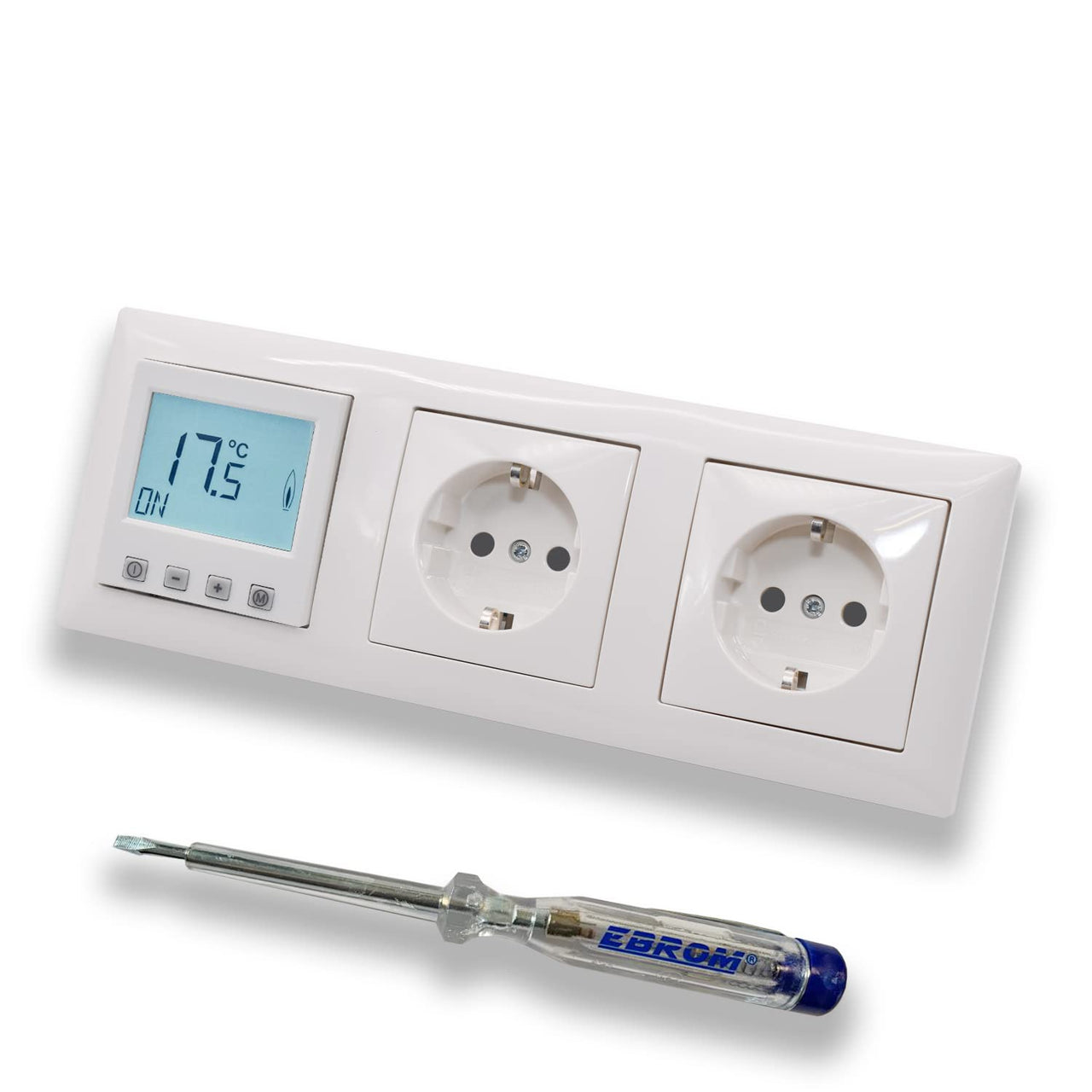 Halmburger Raumthermostat Raumtemperaturregler ERD-55rg DIGITAL in Busch Jäger Balance SI alpinweiß + 2 x Steckdose mit Berührungsschutz + EBROM Phasenprüfer zur Montage der Geräte, Fußbodenheizung