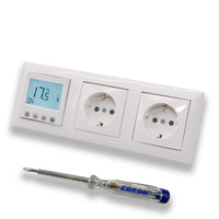 Halmburger Raumthermostat Raumtemperaturregler ERD-55rg DIGITAL in Busch Jäger Balance SI alpinweiß + 2 x Steckdose mit Berührungsschutz + EBROM Phasenprüfer zur Montage der Geräte, Fußbodenheizung