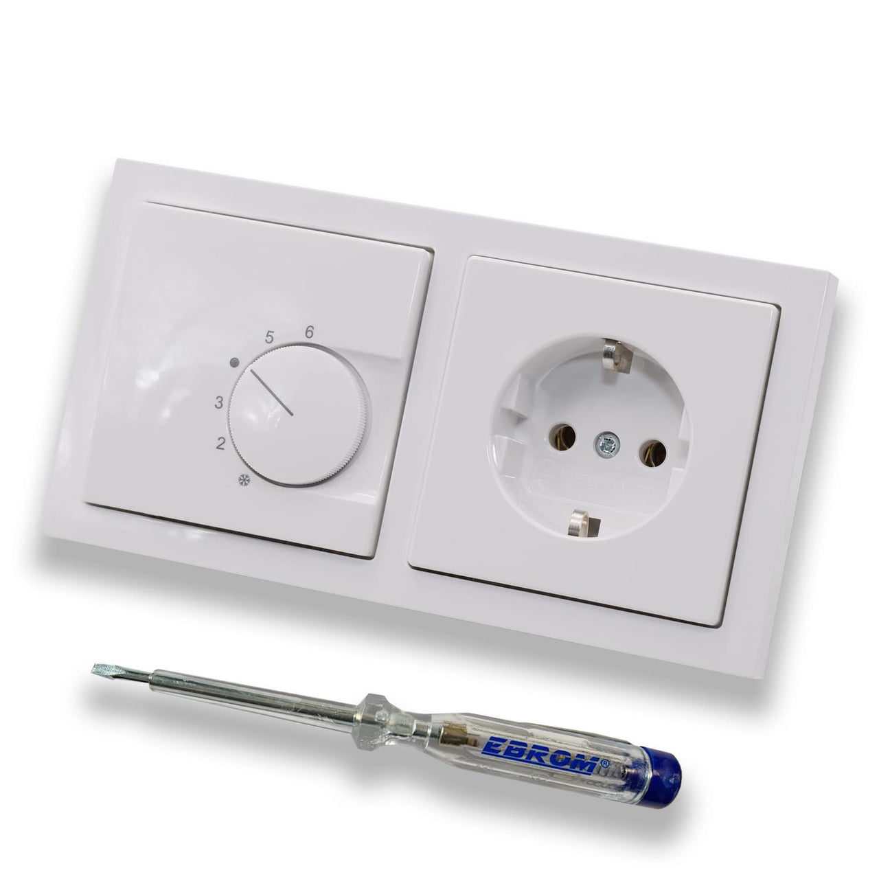 Halmburger UP Raumthermostat Raumtemperaturregler RTR-6210sg in Busch Jäger Future Linear Studioweiß Rahmen 1722-184K + Steckdose 20EUC-84 inkl. EBROM Phasenprüfer zur Montage der Geräte RTR-6210 (sg)