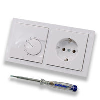 Halmburger UP Raumthermostat Raumtemperaturregler RTR-6210sg in Busch Jäger Future Linear Studioweiß Rahmen 1722-184K + Steckdose 20EUC-84 inkl. EBROM Phasenprüfer zur Montage der Geräte RTR-6210 (sg)