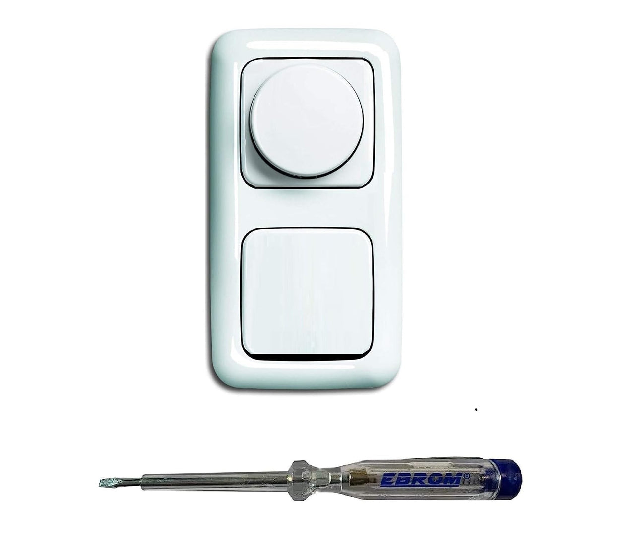 Busch Jäger 6523U-102 LED Drehdimmer Dimmer + Dimmerscheibe 2115-214 und Lichttaster 2020US in Reflex Si alpinweiß glänzend inklusive EBROM Phasenprüfer zur Montage der Geräte (6523 U – 102)