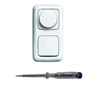 Busch Jäger 6523U-102 LED Drehdimmer Dimmer + Dimmerscheibe 2115-214 und Kreuzschalter 2000/7 US in Reflex Si alpinweiß glänzend inklusive EBROM Phasenprüfer zur Montage der Geräte (6523 U – 102)