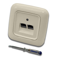 Busch Jäger, Rutenbeck Unterputz Netzwerkdose Ethernet 10 Gigabit/S (10GbE) KAT6A 6A - 2x RJ45 Anschluss in DURO2000 cremeweiß Rahmen und UAE Abdeckung inkl. EBROM Phasenprüfer zur Montage des Geräts