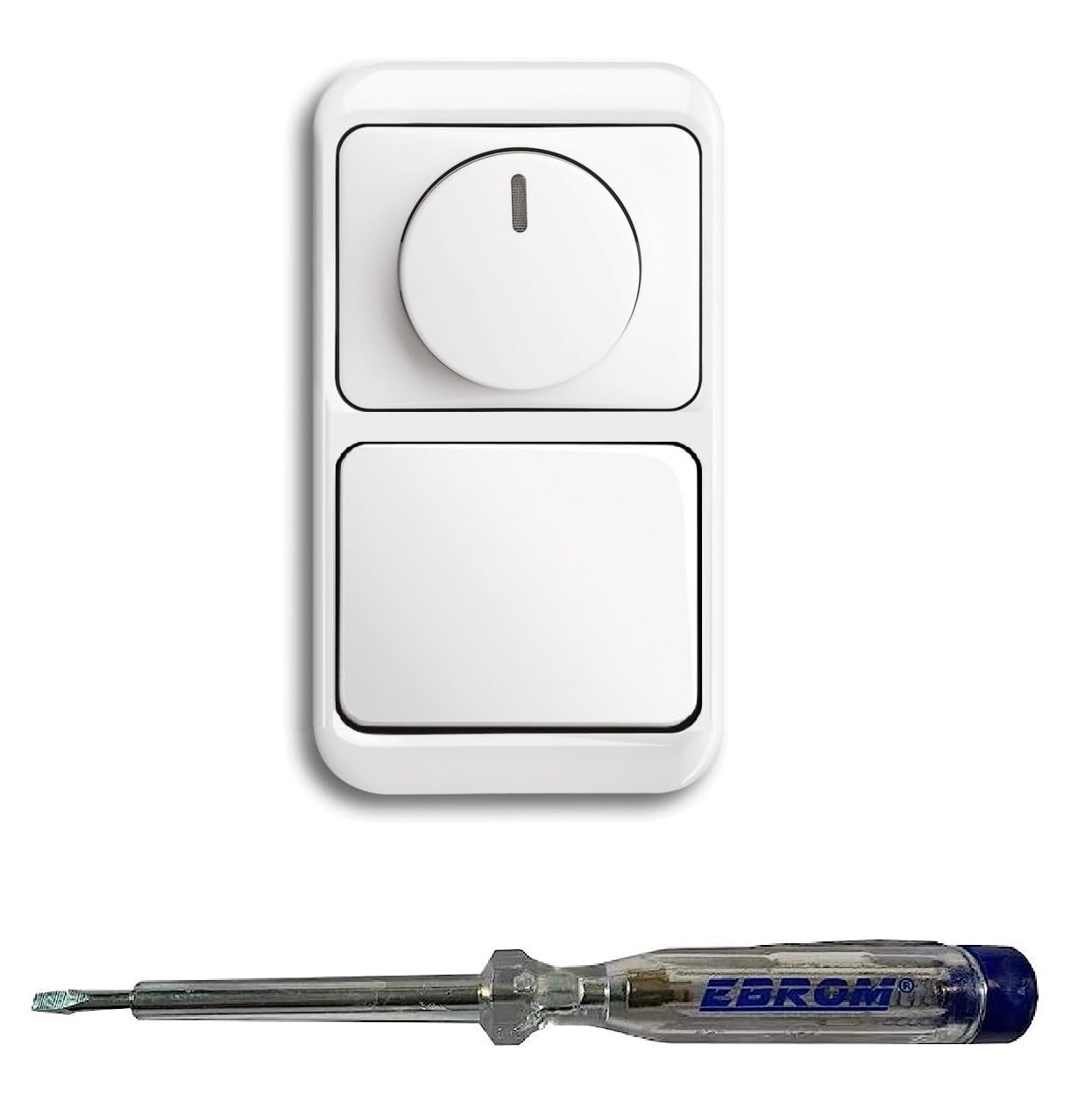 Busch Jäger 6523U-102 LED Drehdimmer Dimmer + Dimmerscheibe 6540-24G und Lichtschalter 2000/6 US und 1786-24 in alpha studioweiß inklusive EBROM Phasenprüfer zur Montage der Geräte (6523 U – 102)