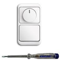 Busch Jäger 6523U-102 LED Drehdimmer Dimmer + Dimmerscheibe 6540-24G und Lichtschalter 2000/6 US und 1786-24 in alpha studioweiß inklusive EBROM Phasenprüfer zur Montage der Geräte (6523 U – 102)