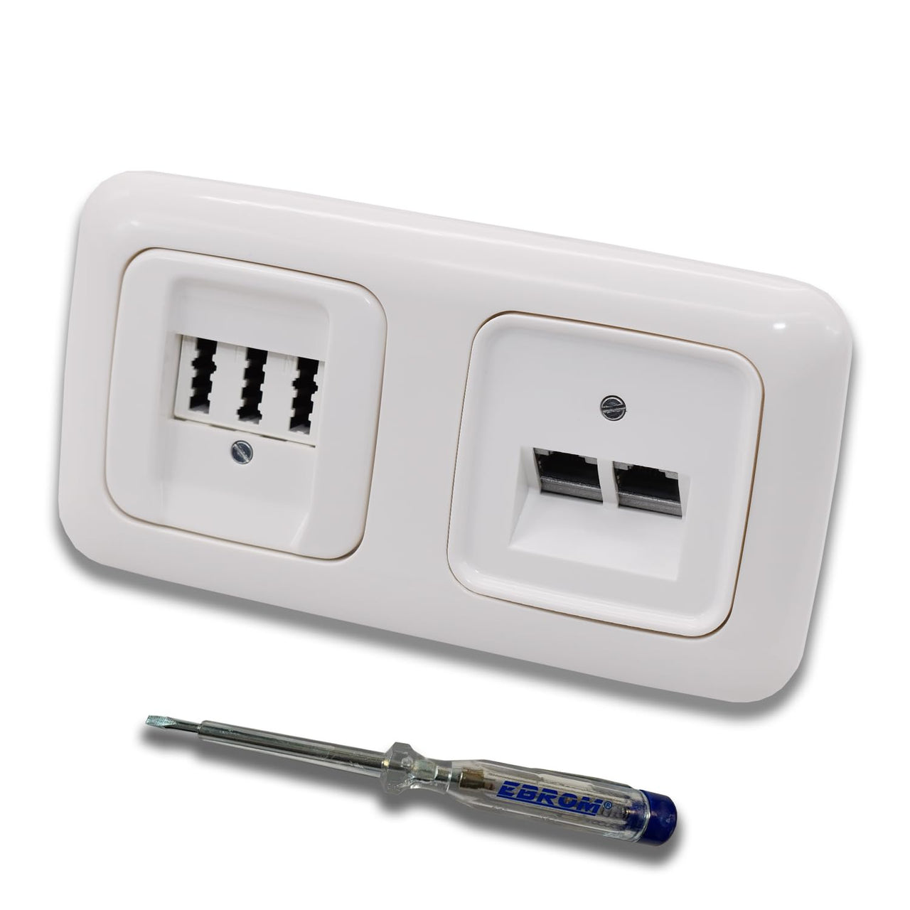 Busch Jäger, Rutenbeck Unterputz Netzwerkdose 10 Gigabit/S (10GbE) KAT6A 6A 2xRJ45 Anschluss + EBROM Telefon TAE 3x6 NFN Dose im BJ ReflexSi alpinweiß Design + EBROM Phasenprüfer z. Montage d. Geräte